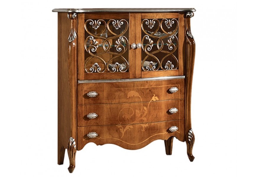 Luxusná komoda Pasiones z masívneho dreva hnedej farby so zásuvkami a sklenenými dvierkami s rustikálnou výzdobou