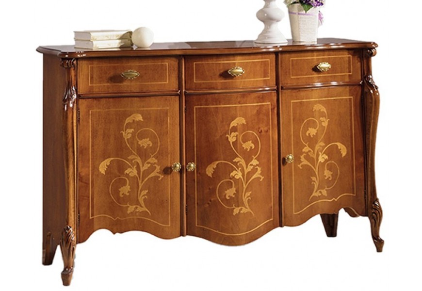 Luxusný drevený príborník Pasiones z masívu hnedej farby so zásuvkami a dvierkami s ornamentánou intarziou