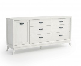 Luxusn&yacute; art deco mas&iacute;vny pr&iacute;born&iacute;k Rodas v bielej farbe s jednodverovou skrinkou a &scaron;iestimi z&aacute;suvkami so &scaron;ikm&yacute;mi nohami a kovov&yacute;mi &uacute;chytkami