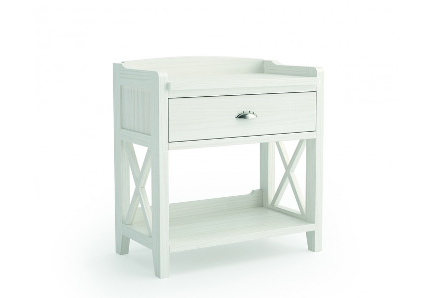 Dizajnový nočný stolík Verona z masívu bielej farby s odkladacím priestorom a zásuvkou