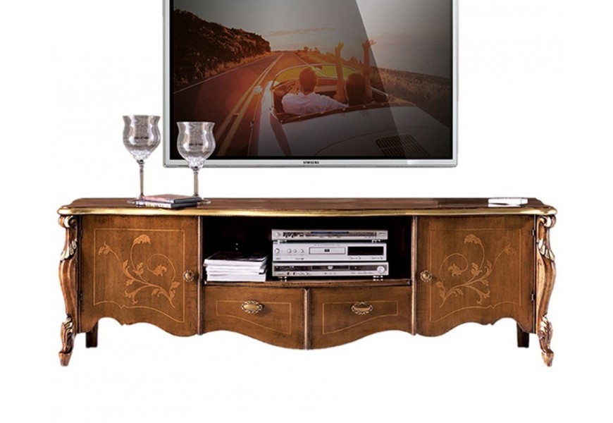 Luxusný TV stolík Pasiones z masívneho dreva hnedej farby s úložným priestorom a s barokovým zdobením