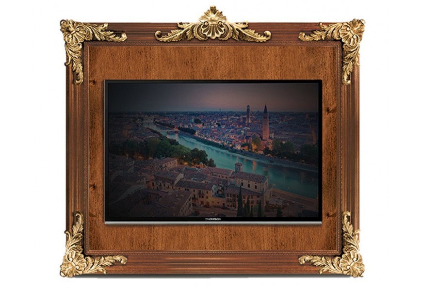 Luxusný nástenný držiak na TV z masívneho dreva hnedej farby so zlatým ornamentálnym zdobením