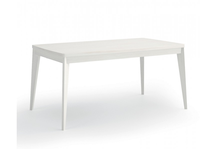 Luxusný art deco masívny biely jedálenský stôl s obdĺžnikovou rozkladacou vrchnou doskou a štyrmi šikmými nohami s diagonálnym smerovaním