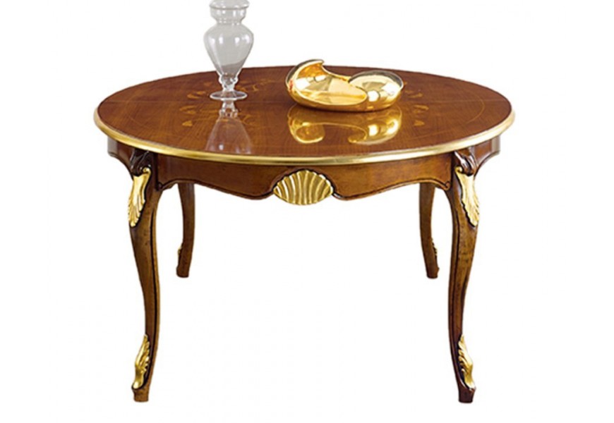 Masívny rozkladací jedálenský stôl Pasiones v okrúhlom tvare so zlatými kovovými ozdobami