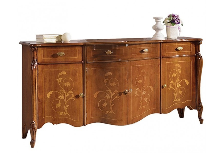 Rustikálny luxusný príborník Pasiones z masívneho dreva so štyrmi zásuvkami a dvierkami s ornamentálnou intarziou 197cm