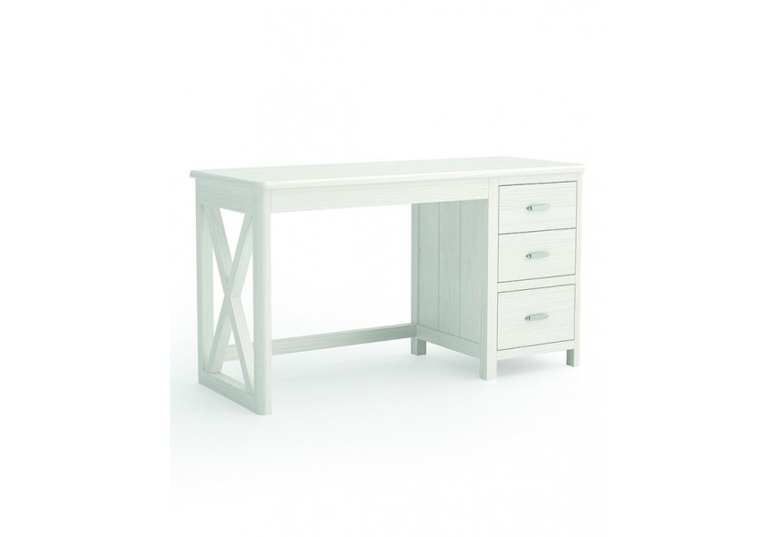 Luxusný moderný masívny biely písací stôl Cerdena s obdĺžnikovou rozťahovacou doskou a tromi zásuvkami na jednej strane a nohou v tvare X v drevenom ráme na druhej strane