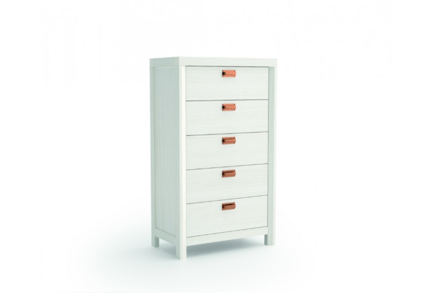Jedinečná a nadčasová vysoká komoda Lyon na nožičkách s piatimi zásuvkami s možnosťou voliteľnej farebnosti a vkusnými rukoväťam
