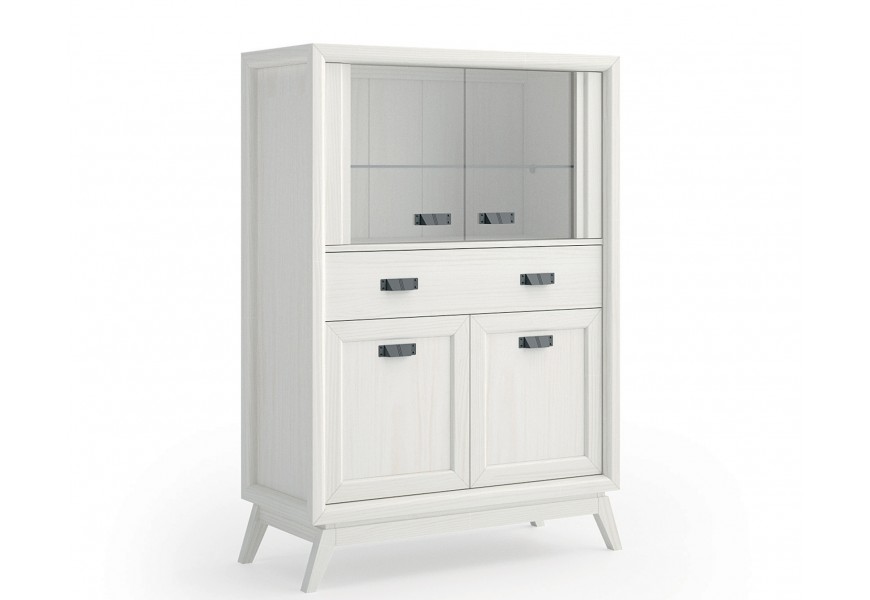 Luxusná art deco štvordverová vitrína Rodas z masívneho dreva v bielej farbe so zásuvkou a presklenými vrchnými dvierkami so zošikmenými nožičkami