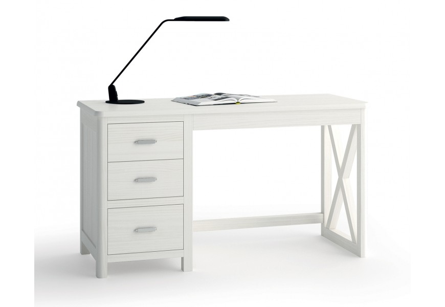 Luxusný masívny biely písací stôl Cerdena s rozkladacou obdĺžnikovou doskou a úložným priestorom s tromi zásuvkami s jednou obdĺžnikovou rámovou nohou s výstuhou v tvare X