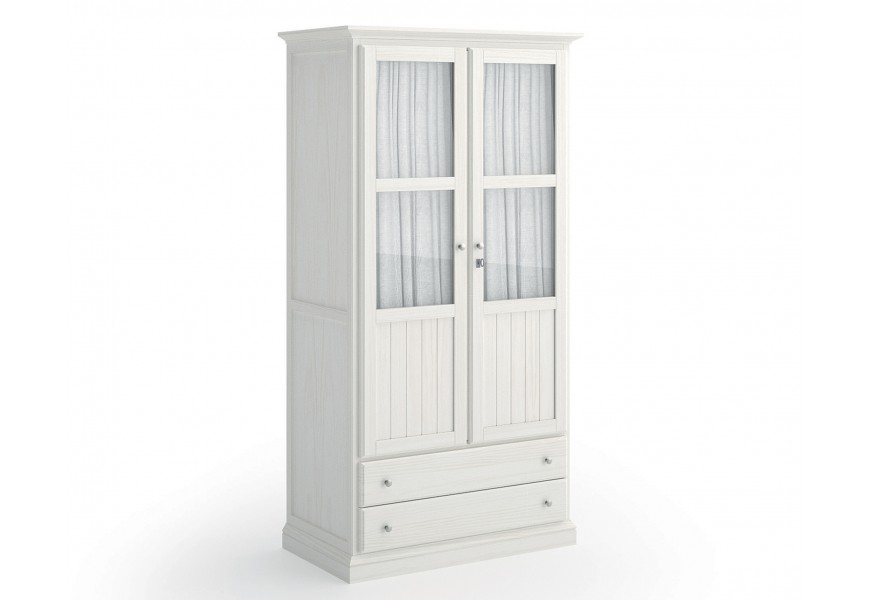 Elegantná masívna šatníková skriňa Verona v bielej farbe so sklenenými dvierkami a dvomi zásuvkami