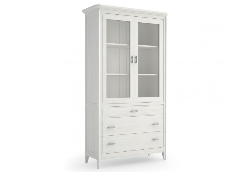 Luxusná vysoká dvojdverová presklená vitrína z masívu Genova v modernom prevedení s tromi zásuvkami a kovovými rukoväťami