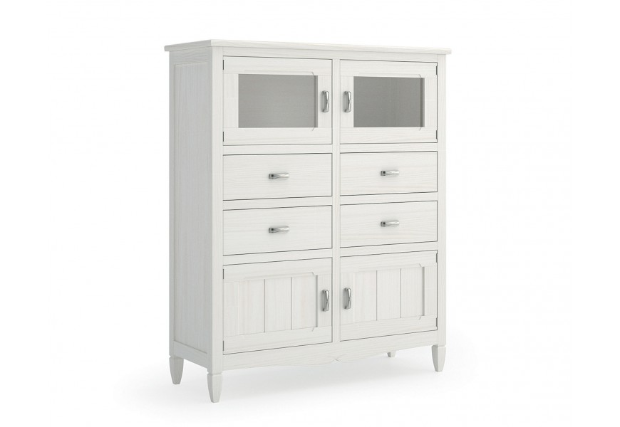 Exkluzívny masívny príborník Amberes v bielej farbe s bohatým úložným priestorom, zásuvkami a sklenenými dvierkami