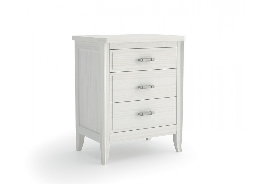 Luxusný vidiecky masívny biely nočný stolík Genova s tromi zásuvkami s kovovou úchytkou s prehnutými nožičkami a vyrezávaným zdobením