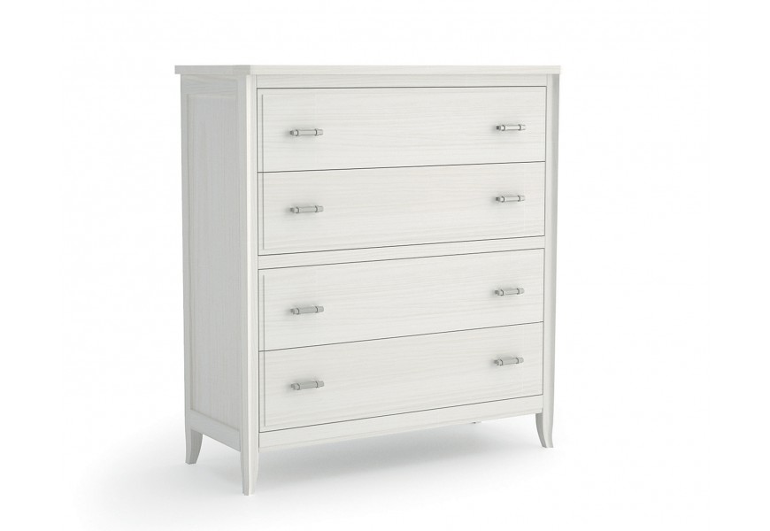 Luxusná vidiecka biela komoda Genova z masívneho dreva so štyrmi zásuvkami s valcovými kovovými úchytkami a vyrezávanými nožičkami