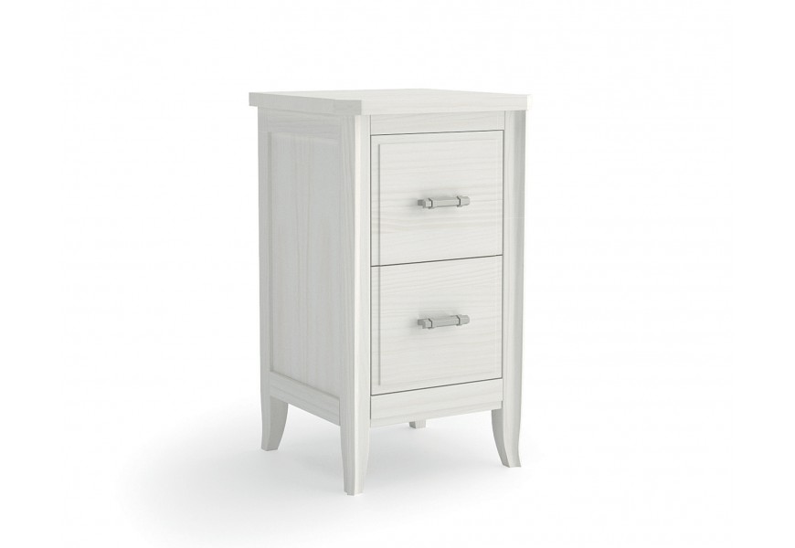 Luxusný klasický masívny nočný stolík Genova v bielej farbe s dvomi zásuvkami s valcovitými kovovými úchytkami s vyrezávaným zdobením a prehnutými nožičkami