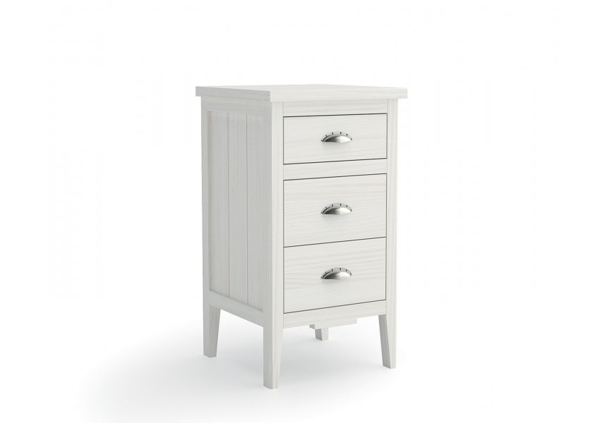 Elegantný nočný stolík Nantes v naturálnom masívnom drevenom vyhotovení s troma zásuvkami s rukoväťami z kovu