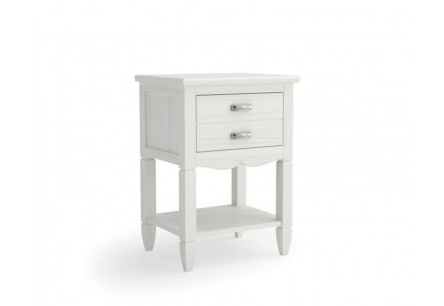 Luxusný moderný obdĺžnikový nočný stolík Amberes z masívneho dreva v bielom prevedení s dvomi zásuvkami s kovovými úchytkami a policou na dlhých štíhlych nožičkách