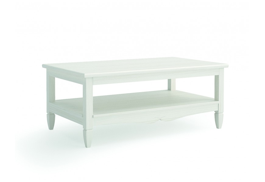 Luxusný moderný obdĺžnikový biely konferenčný stolík Amberes z masívneho dreva s vyklápacou vrchnou doskou s úložným priestorom a policou a vyrezávanými nožičkami a ozdobnou lištou