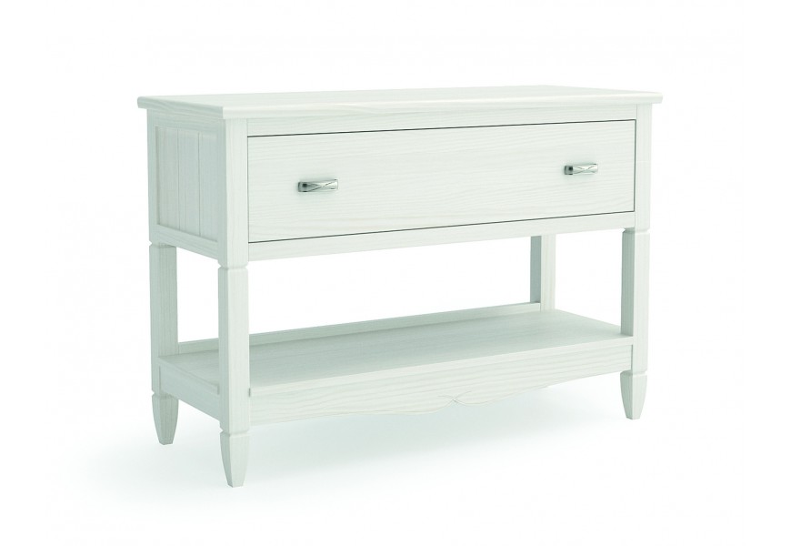 Luxusný moderný masívny biely konzolový stolík Amberes s obdĺžnikovou vrchnou doskou a zásuvkou s hranatými nohami so zúženými koncami s otvorenou policou s dekoratívnou vyrezávanou lištou s dvomi oblúkmi