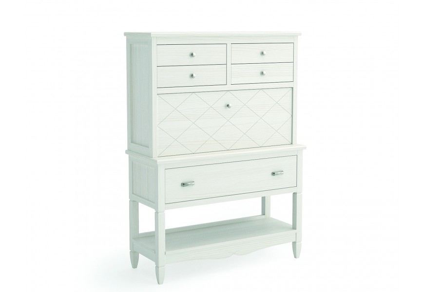 Luxusný moderný písací stôl Amberes z masívneho dreva v bielej farbe s dizajnom sekretára s vyklápacou doskou so zásuvkami a policami s nožičkami a ozdobnou lištou s vyrezávaním