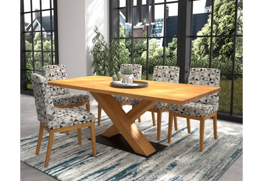 Dizajnový moderný jedálenský stôl Lyon z masívu hnedej farby s prekríženými nohami