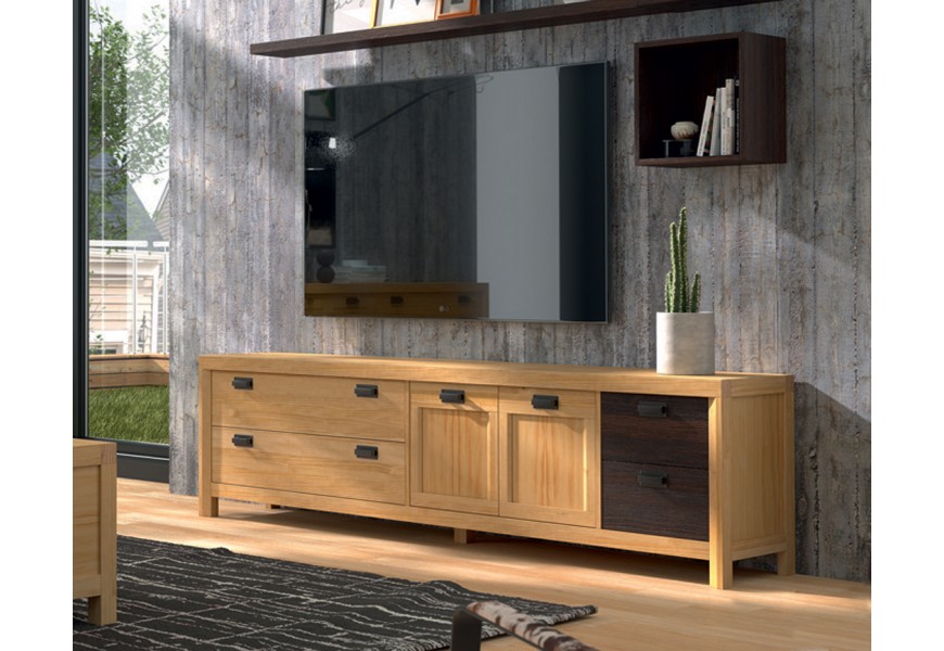 Elegantný masívny TV stolík Lyon hnedej farby so zásuvkami a dvierkami na nožičkách