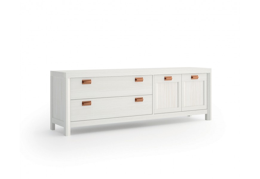 Škandinávsky masívny TV stolík Lyon so zásuvkami a dvierkami s kovovými vintage rukoväťami