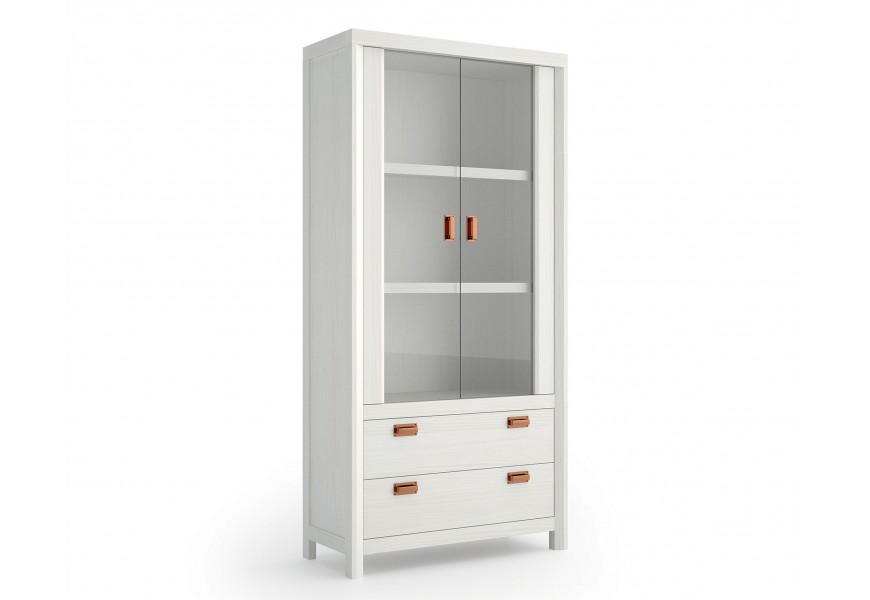 Luxusná moderná presklená vitrína Lyon z masívneho dreva s dvomi zásuvkami