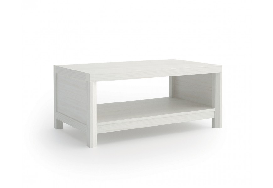 Luxusný škandinávsky masívny obdĺžnikový konferenčný stolík Lyon v bielej farbe s policou s plnými bočnými stenami na nízkych nožičkách