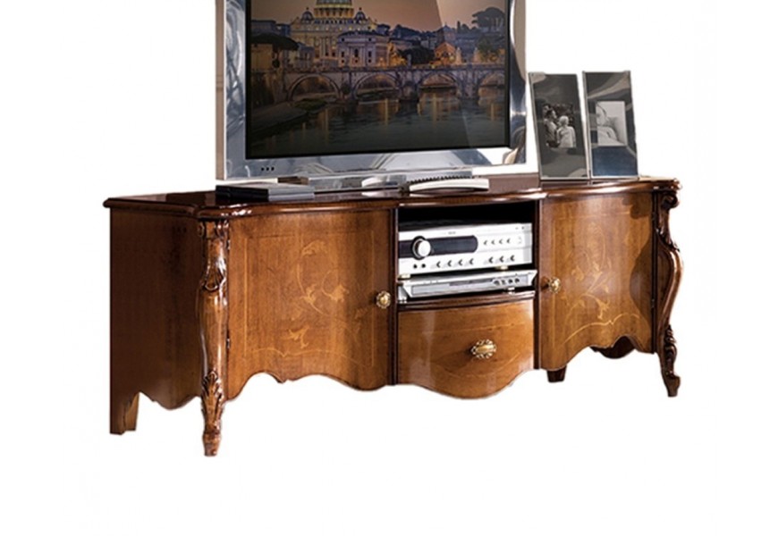 Rustikálny TV stolík Pasiones z orechovo hnedého masívneho dreva s intarziou, s dvierkami, zásuvkou a poličkou v rustikálnom štý