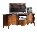 Rustikálny TV stolík Pasiones z orechovo hnedého masívneho dreva s intarziou, s dvierkami, zásuvkou a poličkou v rustikálnom štý