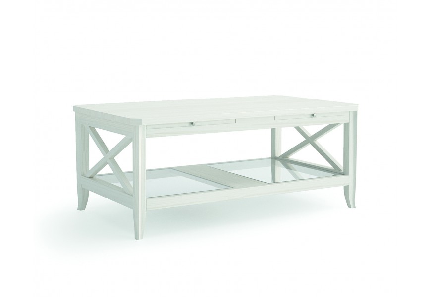 Exkluzívny drevený konferenčný stolík Genova bielej farby s poličkou a výsuvnou doskou