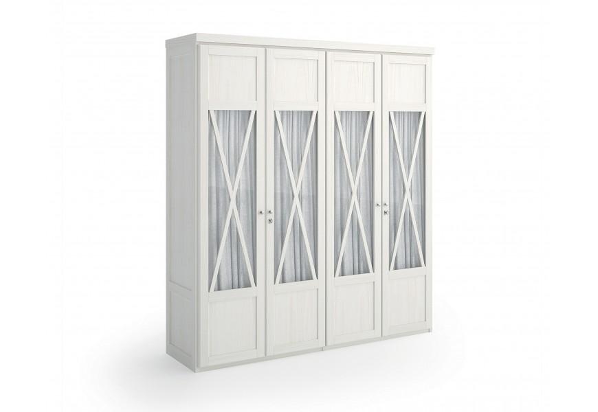 Jedinenčná a luxusná masívna šatníková skriňa Lyon z borovicového dreva s vkusnými presklenými dvierkami zdobenými dreveným reli