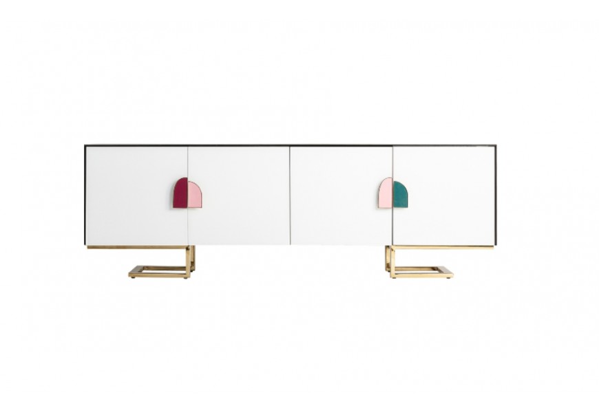 Luxusný art-deco TV stolík Bluejay v bielej farbe z dreva a kovu s dvomi dvierkami s farebnými úchytmi