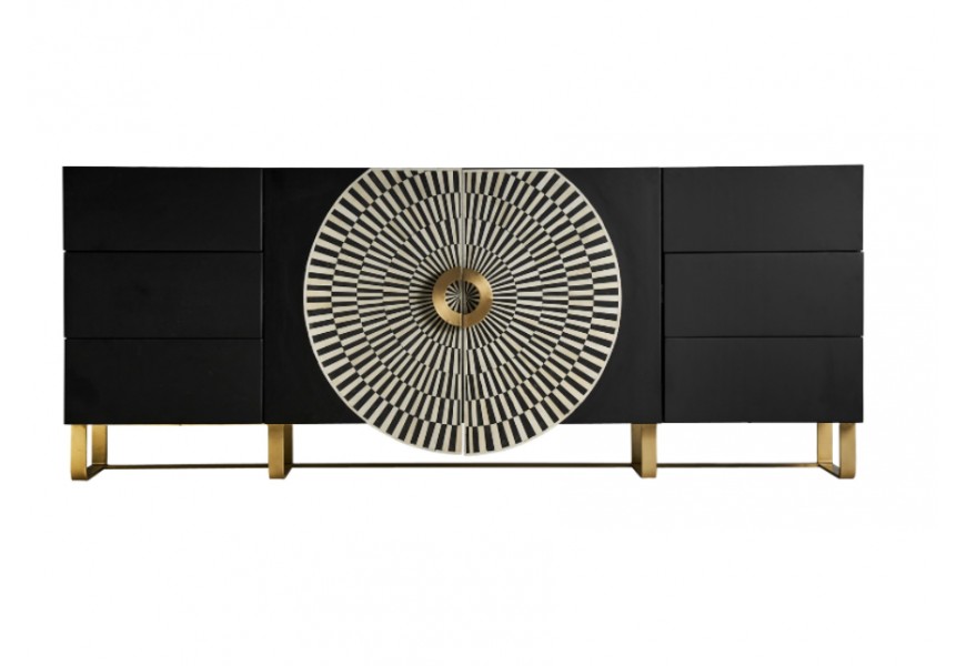 Elegantný luxusný príborník Caderina v art-deco štýle čiernej farby so zlatými kovovými prvkami