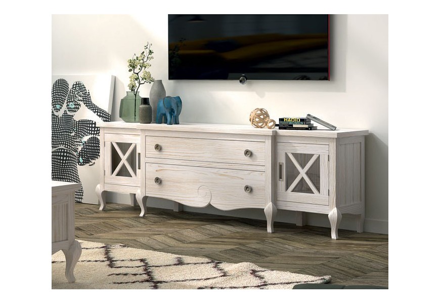 Luxusný drevený TV stolík Volga z masívu bielej farby s dvomi zásuvkami a dvomi presklenými dvierkami