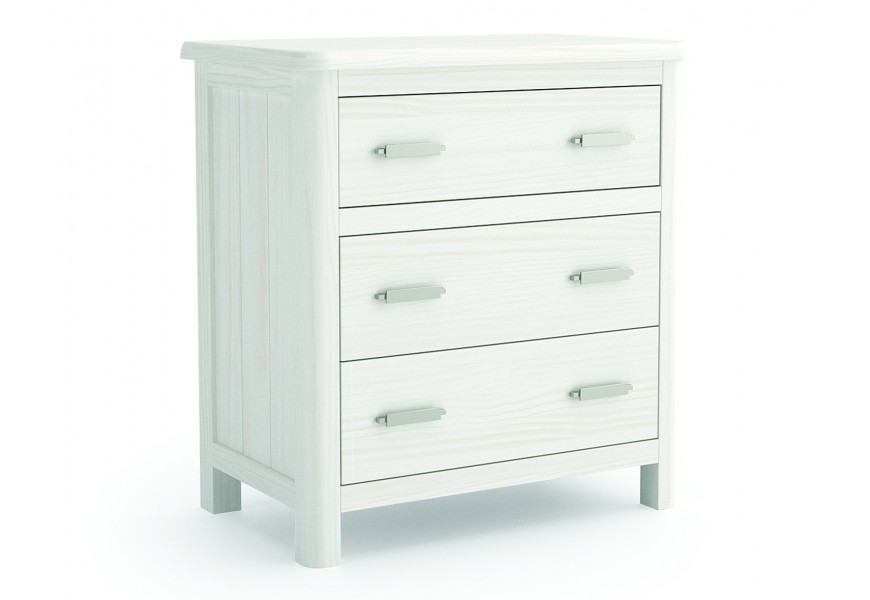 Luxusný masívny biely nočný stolík Cerdena s obdĺžnikovou vrchnou doskou  s tromi zásuvkami s kovovými úchytkami na nízkych nožičkách so zaoblenými prednými rohmi