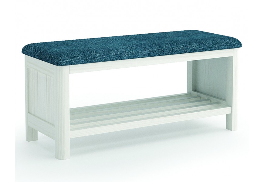 Luxusná moderná biela lavica Cerdena z masívneho dreva s policou na topánky s obdĺžnikovým čalúneným dvojmiestnym sedadlom s textilným poťahom v modrej farbe
