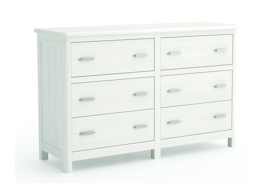 Luxusná moderná komoda Cerdena z masívneho dreva v bielej farbe so šiestimi zásuvkami umiestnenými v troch radoch s kovovými úchytkami na nízkych nožičkách so zaoblenými prednými rohmi