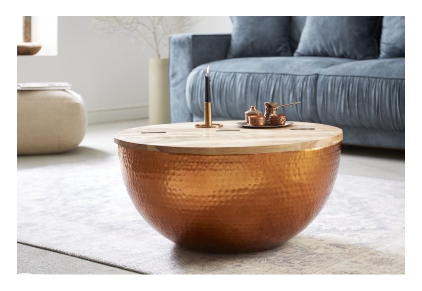 Modern&yacute; okr&uacute;hly konferenčn&yacute; stol&iacute;k Hammerblow v medenej farbe s mas&iacute;vnou otv&aacute;rateľnou vrchnou doskou 70cm