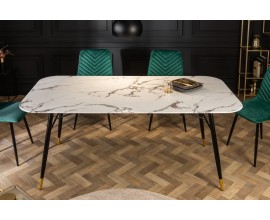 Art-deco jedálenský stôl Forisma so sklenenou bielou doskou s mramorovým vzhľadom a čiernym kovovým rámom 140cm