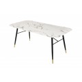 Art-deco jedálenský stôl Forisma so sklenenou bielou doskou s mramorovým vzhľadom a čiernym kovovým rámom 140cm