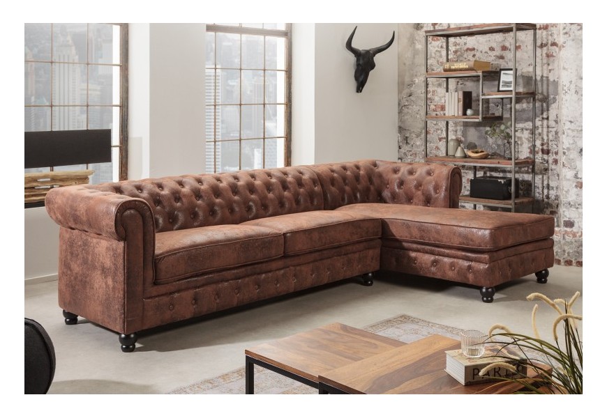 Exkluzívna rohová sedačka Holger s poťahom z mikrovlákna v hnedej farbe s chesterfield prešívaním