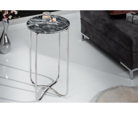 Art-deco strieborný okrúhly príručný stolík Noble s mramorovou povrchovou doskou a kovovou konštrukciou 35cm