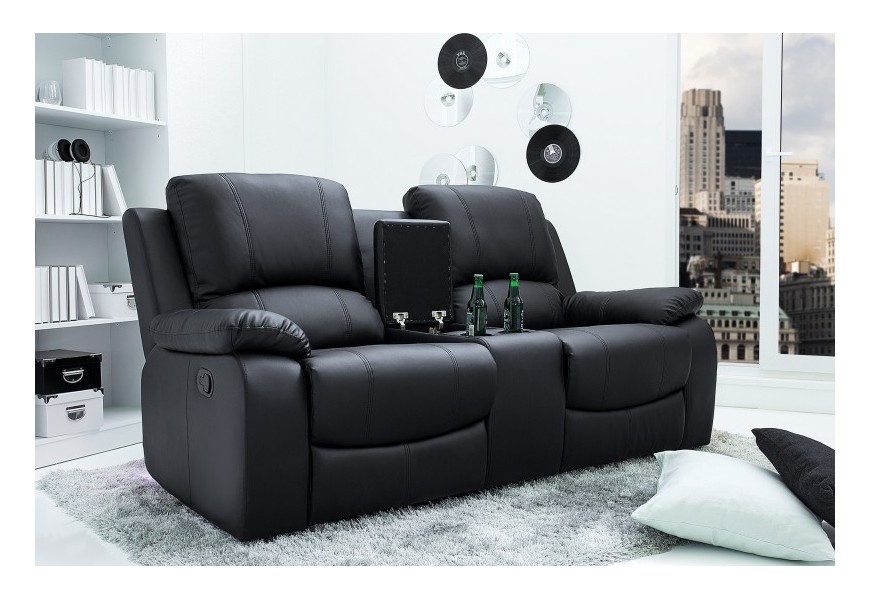 Exkluzívna dvojitá kinosedačka Phoenix čiernej farby z ekokože s dvomi držiakmi na poháre a s úložným priestorom