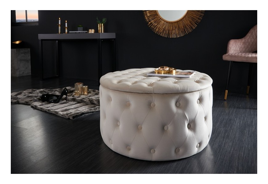 Štýlová okrúhla aburetka Modern Barock v svetlej béžovej farby s chesterfield prešívaním a s úložným priestorom