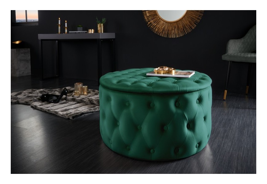 Dizajnová kruhová taburetka do obývačky Modern Barock v zelenej farbe so zamatovým čalúnením 75cm