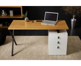 Industriálny písací stôl  do kancelárie Westford s z masívneho dreva s tromi zásuvkami a kovovými prekríženými nohami 140cm