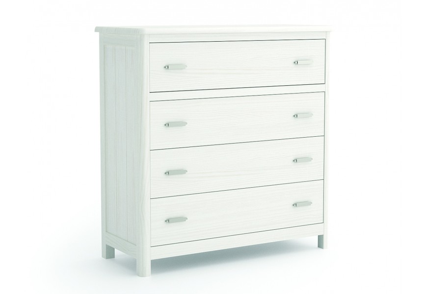 Luxusná masívna biela komoda Cerdena s lineárnou siluetou so štyrmi zásuvkami s úchytkami z kovu plochého tvaru na nízkych nožičkách so zaoblenými prednými rohmi