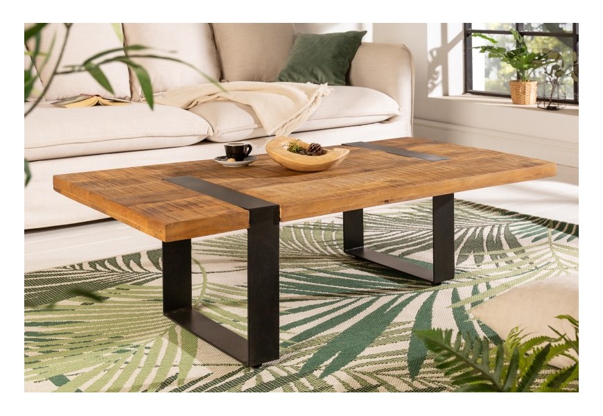 Dizajnový masívny obdĺžnikový konferenčný stolík Steele Craft v industriálnom štýle hnedej farby s čiernou kovovou konštrukciou